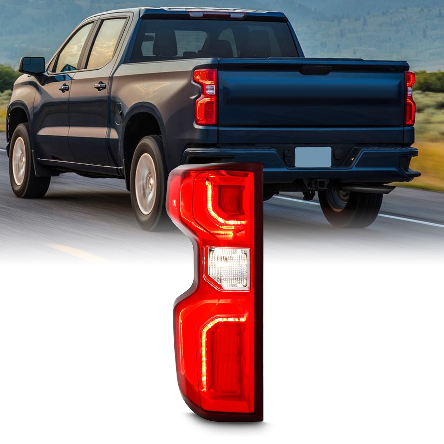 AKKON - Fits 2019-2024 Chevy Sliverado 1500 20-24 2500HD 3500HD [LED Type] Tube Signal Chrome Red Tail Light Driver Left