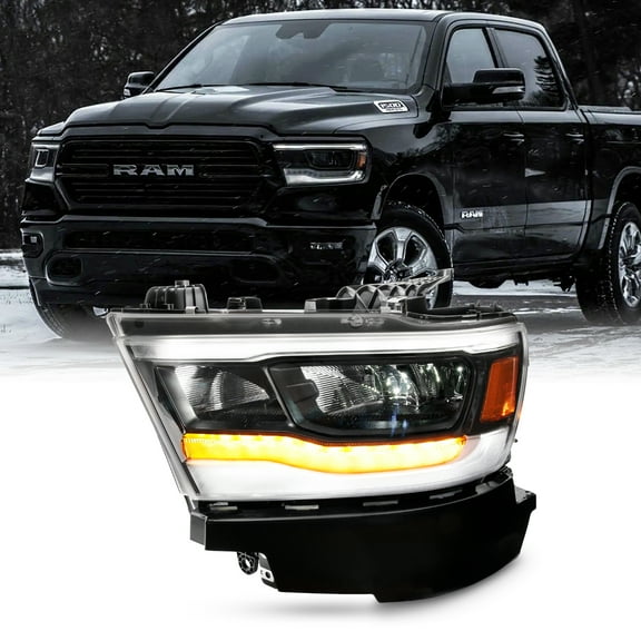 AKKON - Fits 2019-2023 Ram 1500 [Full LED] Tube DRL Running Signal Headlight w/ Black Bezel Reflector Driver Left Side