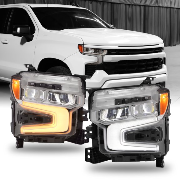 AKKON - Fits 2022-2024 Chevy Silverado 1500 LT RST [FULL LED] Projector Chrome Headlights Pair w/ DRL Tube Amber Signal