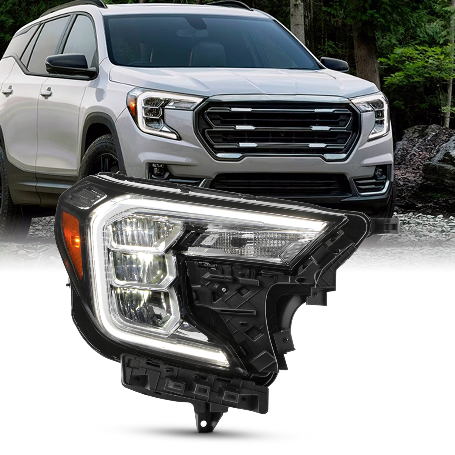 Top-Liftsupport Right Passenger Headlight For 2015-2022 GMC Canyon – Black Housing, LED DRL, Halogen Projector