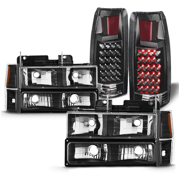 AKKON - Fits 94-98 C/K 1500 2500 3500 Tahoe Suburban Pickup Black Headlights + Corner + Bumper Signal Lamp + LED Tail Light Pair