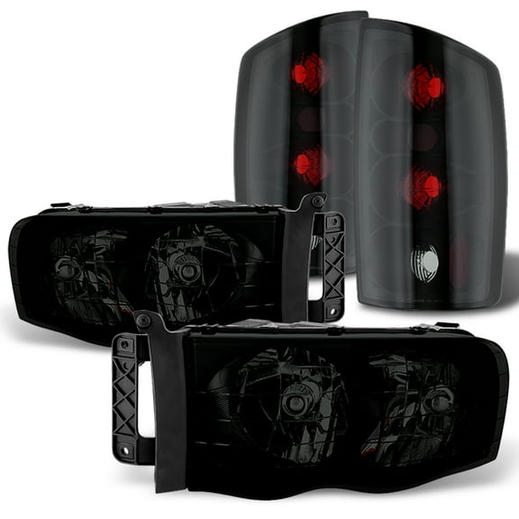 AKKON - For 02-05 Dodge Ram Pickup Truck Black Smoked Headlights Lamps Replacement + Black Smoke Rear Tail Lights