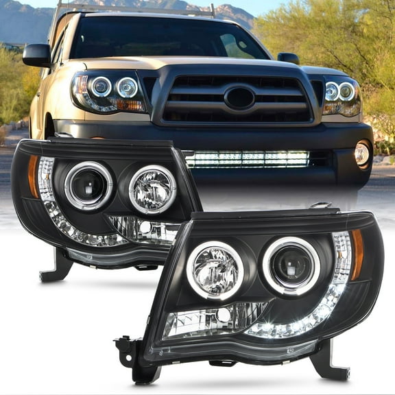AKKON - For 05-11 Toyota Tacoma Pickup Black Bezel Dual Halo Ring Design Projector LED Replacement Headlights