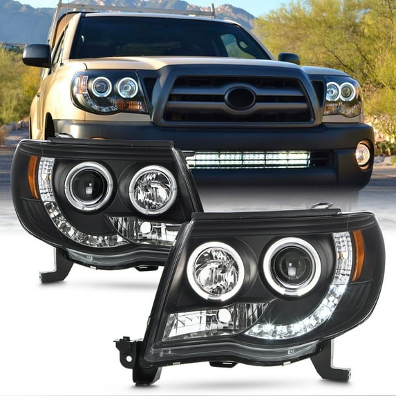 AKKON - For 05-11 Toyota Tacoma Pickup Black Bezel Dual Ring Design Projector LED Replacement Headlights
