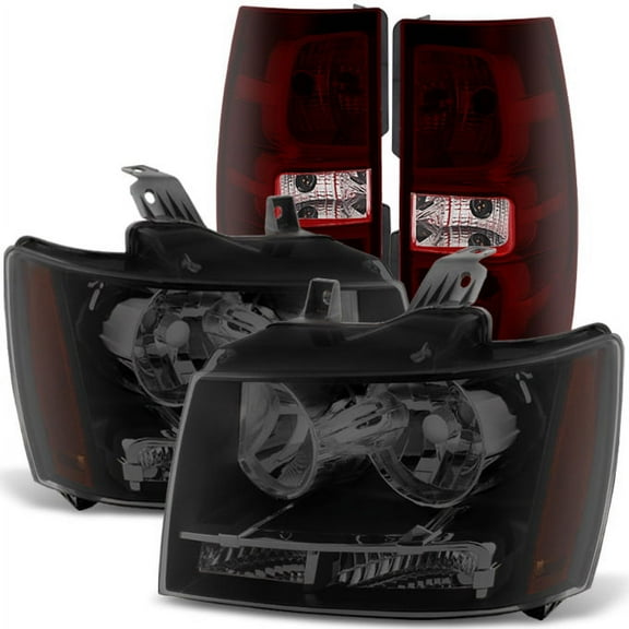 AKKON - For 07-14 Chevy Suburban 1500 2500 Tahoe Smoked Lens Headlights + Red Tail light Lamps Combo