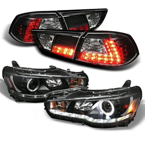 AKKON - For 08-15 Lancer Evolution EVO X CZ4A JDM Black DRL LED Headlight + Tail Lamp Set