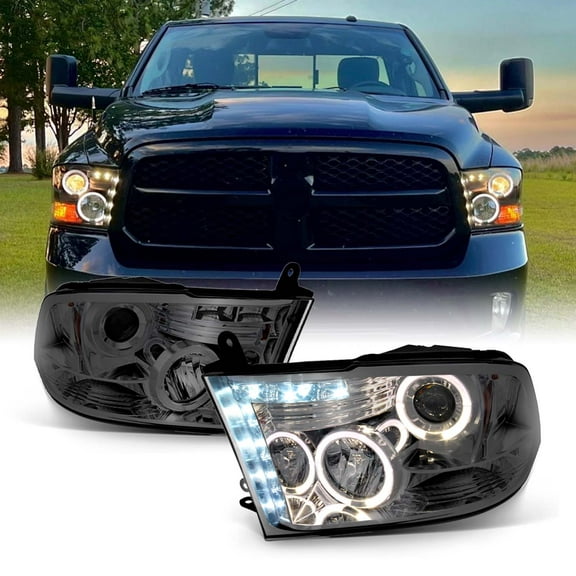 AKKON - For 09 10-18 Dodge Ram Pickup Truck Smoked Smoke Dual LED Ring Projector Headlights Replacement Left + Right