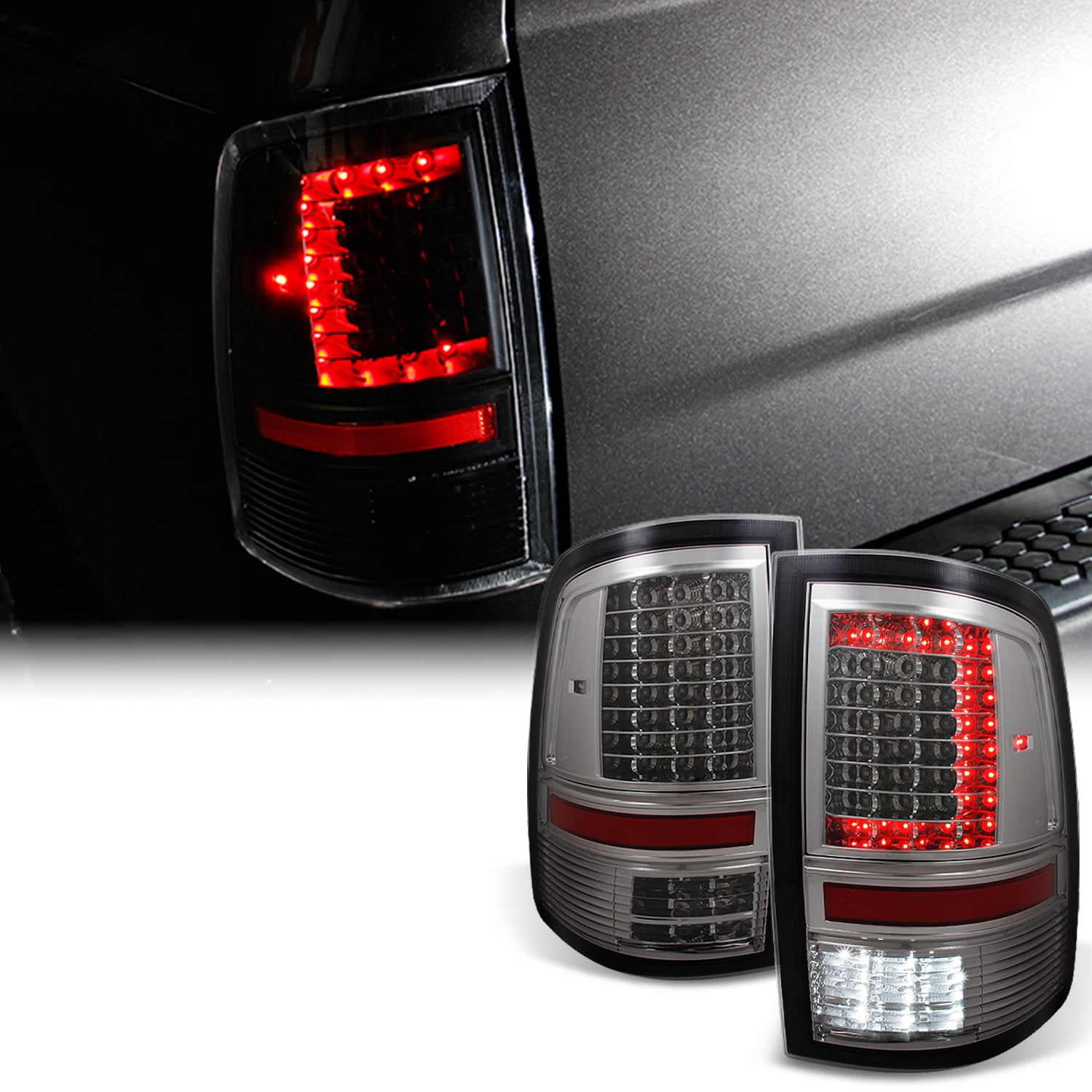 AKKON - For 09-18 DODGE RAM 1500 | 10-18 2500 / 3500 C-Shaped Smoked LED Tail Lights Left + Right Side Replacement Pair Set