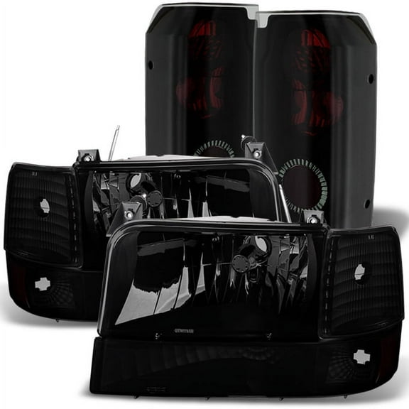 AKKON - For 1992-1996 Ford Bronce F150 F250 F350 Super Duty Black Smoked Headlights+Bumper+Tail Lights Combo
