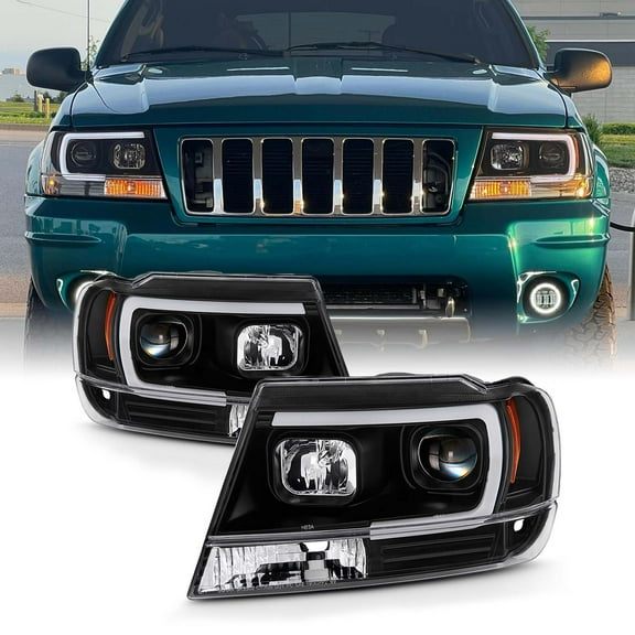 AKKON - For 1999-04 Jeep Grand Cherokee Full LED Daytime Running Lamp Bar Projector Headlights Black Housing Clear Lens Set