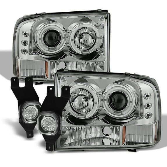 AKKON - For 1999-2004 F250 F350 F450 F550 SuperDuty Chrome Clear Dual LED Projector Headlights + Fog Lamp Set