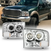 AKKON - For 1999-2004 F250 F350 F450 F550 SuperDuty Excursion Chrome Clear Dual Halo Projector Headlights Replacement Pair