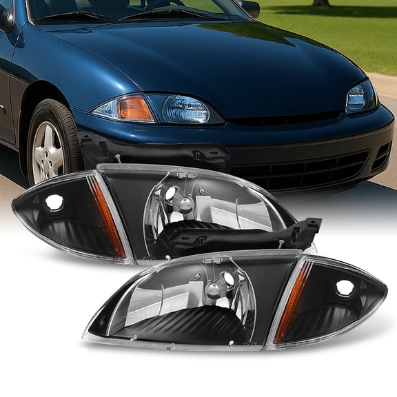 AKKON - For 2000 2001 2002 Chevy Cavalier Coupe & Sedan Replacement Black Headlights w/ Corner Lights Pair Set