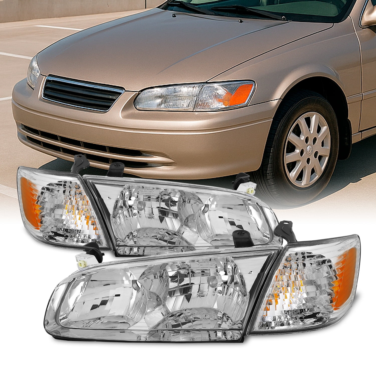 AKKON - For 2000 2001 Toyota Camry OE Style Chrome Housing Headlights Lamp Assembly Replacement