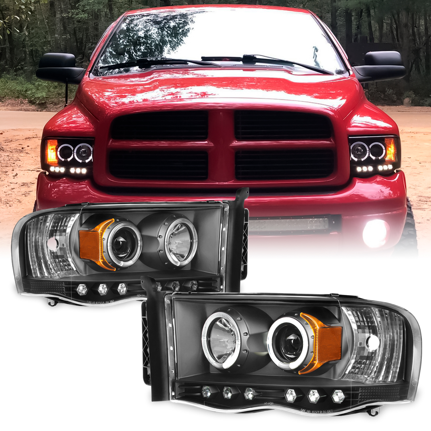 AKKON LED Halo Projector Headlights For 2002 2005 Dodge Ram 1500 