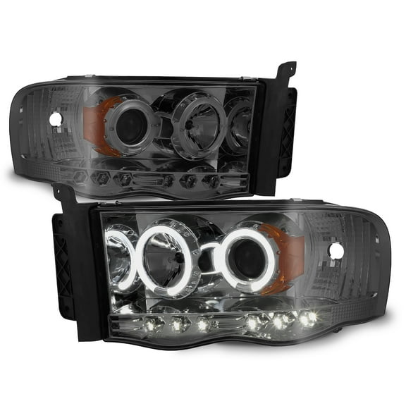AKKON - For 2002-2005 Dodge Ram 1500 | 2003-2005 Ram 2500 3500 Smoke Dual Halo Projector LED Headlights Pair Set