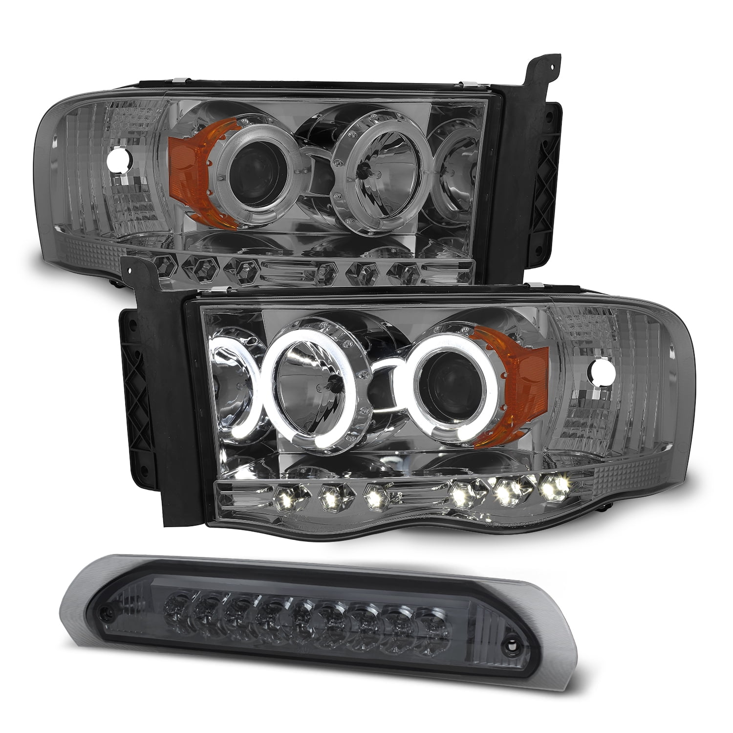 AKKON - For 2003-05 Dodge Ram + 2002 Ram 1500 Black Housing Dual Halo DRL  Projector LED Headlights + 3rd Brake Lamp