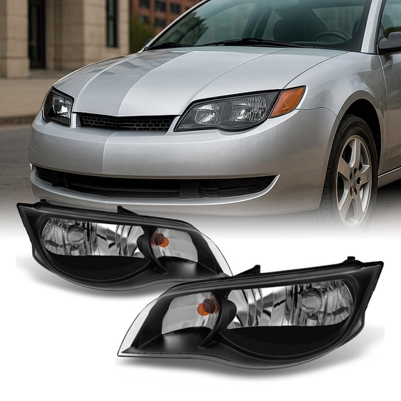 AKKON - For 2003 2004 2005 2006 2007 Saturn ION Black Left + Right Side Headlights Front Lamps Assembly Set Pair
