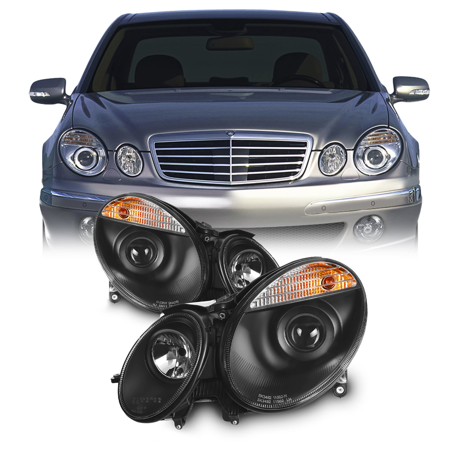 AKKON - For W211 Benz E-Class Halogen Type Black Projector  Headlights Left + Right Side Replacement Pair Set : Automotive