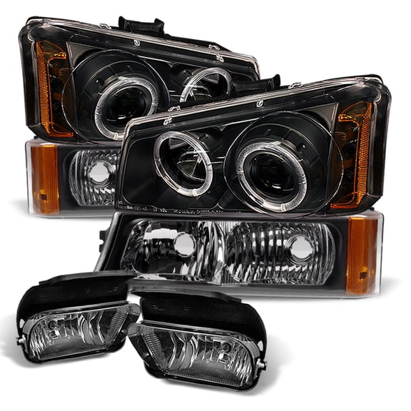 AKKON - For 2003-2006 Silverado Avalanche Black Housing Dual LED DRL Projector Headlights + Bumper Signal Lamps + Fog Lights