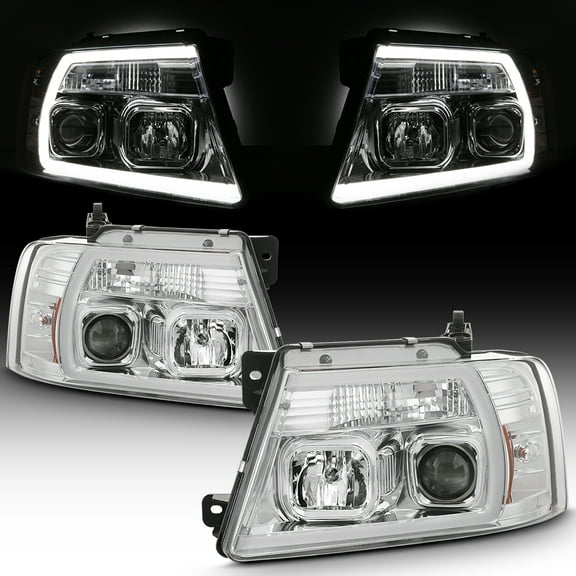 AKKON - For 2004-08 Ford F150 LED Daytime Running Lamp Bar Projector Headlights Chrome Housing Clear Lens Full Set