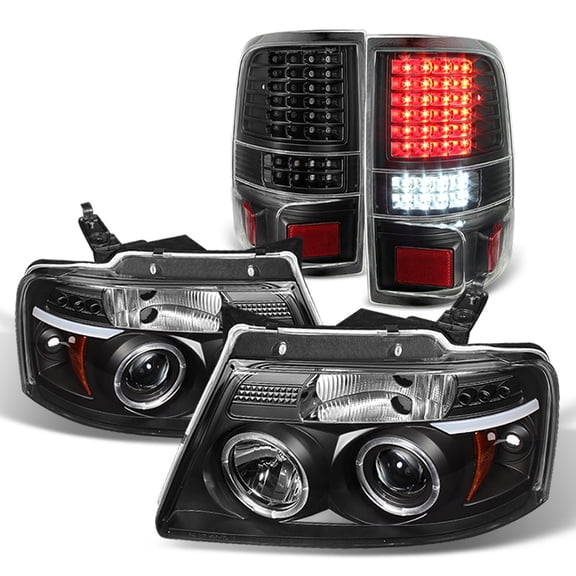 AKKON - For 2004-2008 Ford F150 F-150 Black Projector LED Headlights + Full LED Tail Lights Taillamps Pair
