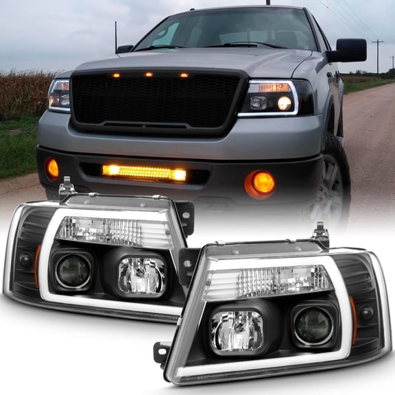 AKKON - For 2004-2008 Ford F150 Full LED Daytime Running Lamp Bar Projector Headlights Black Housing Clear Lens Full Set
