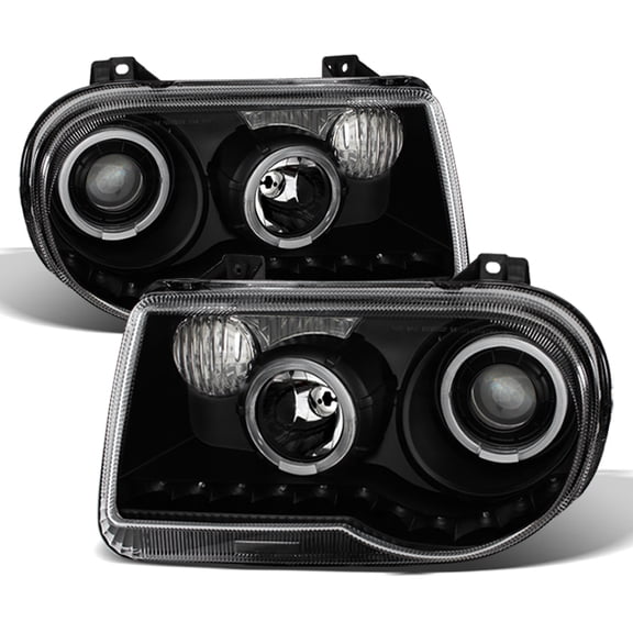 AKKON - For 2005-2010 Chrysler 300 C Model Black Bezel Dual Ring DRL Daylight LED Strip Halogen Type Projector Headlights