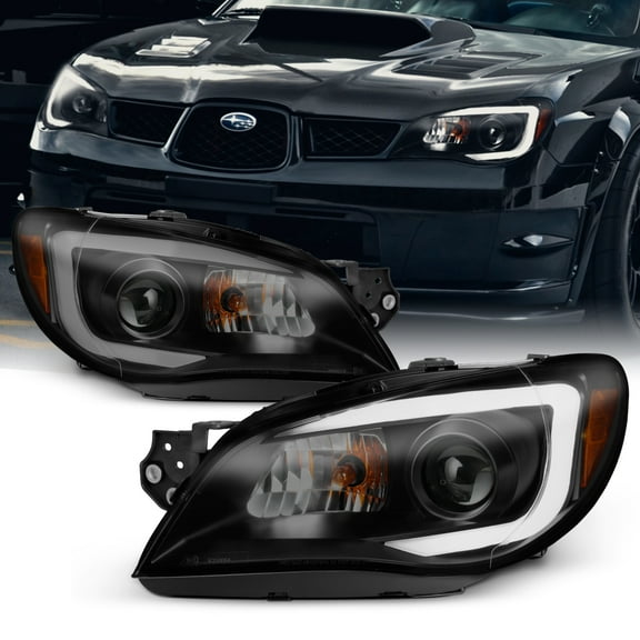 AKKON - For 2006-07 Subaru Impreza LED Daytime Running Lamp Strip Projector Headlights Black Housing Smoked Lens Full Set
