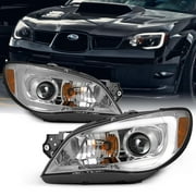 AKKON - For 2006-07 Subaru Impreza LED Daytime Running Lamp Strip Projector Headlights Chrome Housing Clear Lens Full Set