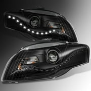 AKKON - For 2006-2008 Audi A4 Quattro Sedan Wagon DRL LED Projector Halogen Type Black Both Side Headlights Set