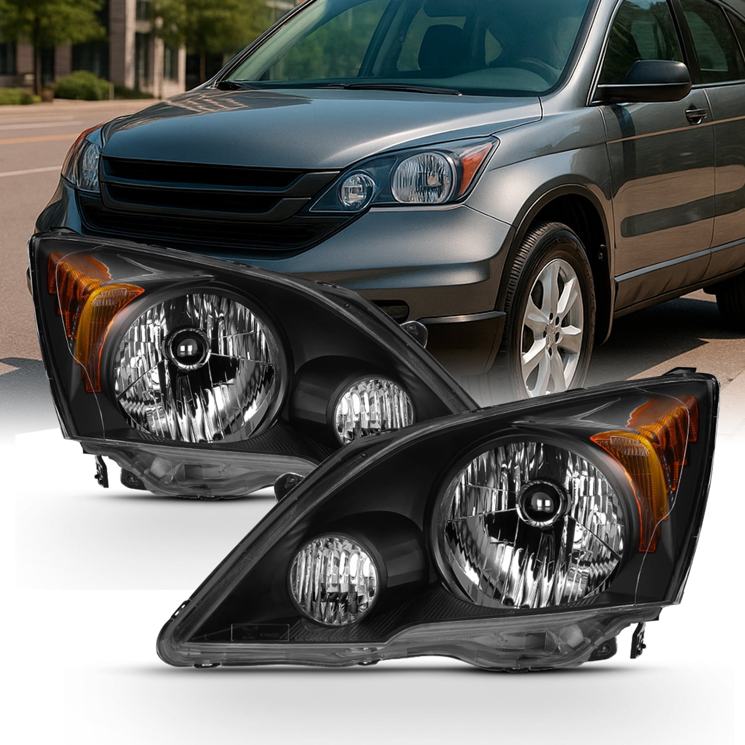 AKKON - For 2007-11 Honda CR-V Headlights Assembly w/Amber Corner Black Housing Clear Lens Full Set