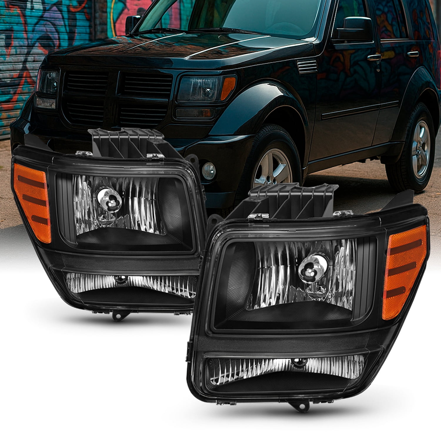 AKKON - For 2007 2008 2009 2010 2011 Dodge Nitro Black Headlights Headlamps Left & Right Side Assembly