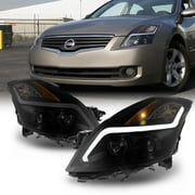 AKKON - For 2007 2008 2009 Nissan Altima 4-Door Sedan LED Strip Projector Headlight Black Housing Assembly Smoke Lens