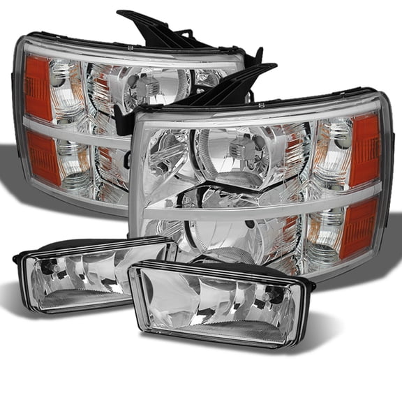 AKKON - For 2007-2013 Chevy Silverado Amber Crystal Chrome Headlights + Clear Fog Lights W/Bulbs 08 09 10 11 12