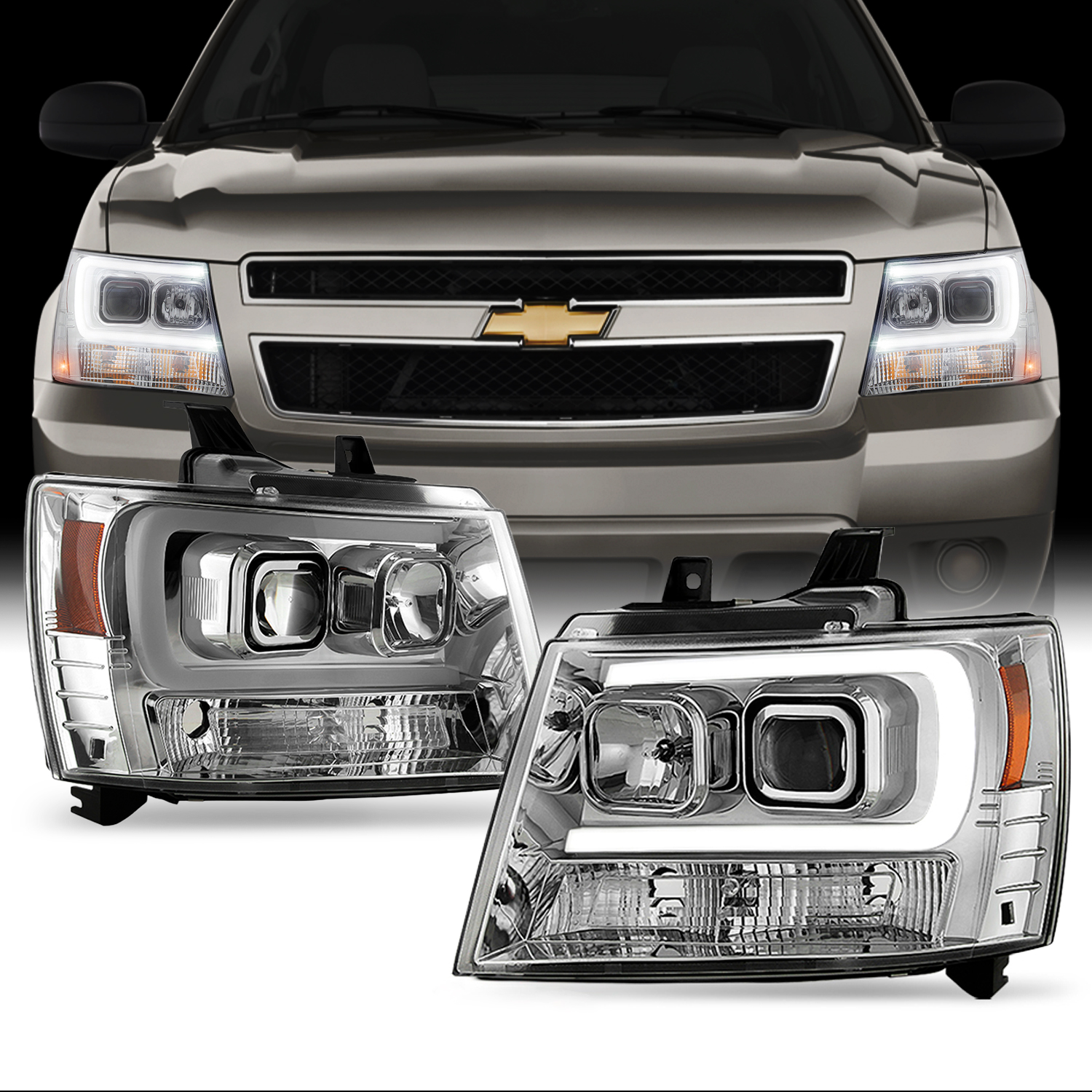 Spec-D Tuning Black Headlights Compatible with 2007-2014 Chevy Avalanche, 2007-2014 Tahoe Suburban, L+R Pair Head Light Lamp Assembly