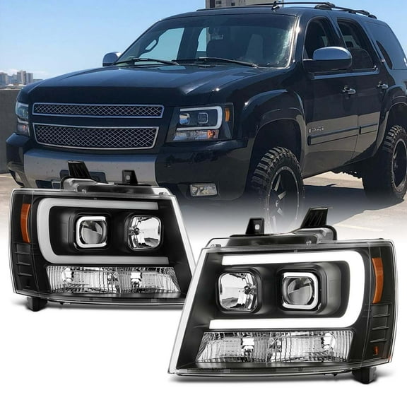 AKKON - For 2007-2014 Chevy Suburban | Tahoe | Avalanche Left + Right Black LED DRL Projector Head Lights Pair