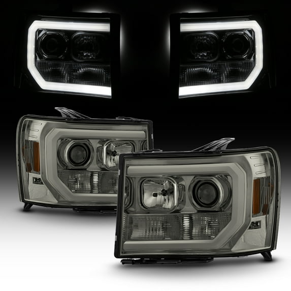 AKKON - For 2007-2014 GMC Sierra 1500 2500 3500 LED Light Tube Smoked Projector Headlight Driver + Passenger
