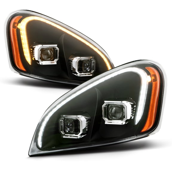 AKKON - For 2008-17 Freightliner Cascadia Switchback LED Signal Daytime Running Lamp Strip Projector Headlights Black Housing Clear Lens Set