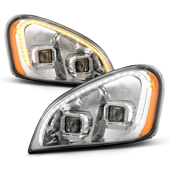 AKKON - For 2008-17 Freightliner Cascadia Switchback LED Signal Daytime Running Lamp Strip Projector Headlights Chrome Housing Clear Lens Set