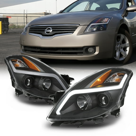AKKON - For 2008 2009 Nissan Altima 2-Door Coupe LED Strip Projector Headlight Black Housing Assembly Pair Lamps