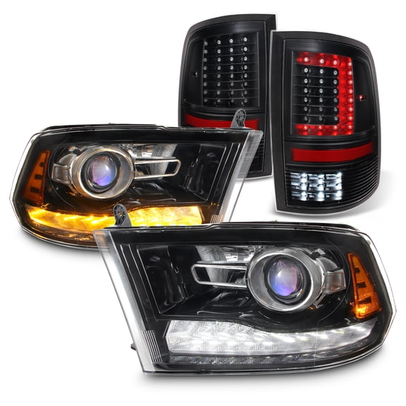 AKKON - For 2009-18 Dodge Ram LED DRL Projector Switchback Headlights| LED Taillights Lamps - Black Housing