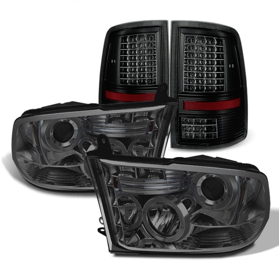 AKKON - For 2009-18 Dodge Ram Pickup Dual LED Projector Housing Headlights + Full LED Tail Lamps[Smoke Lens]