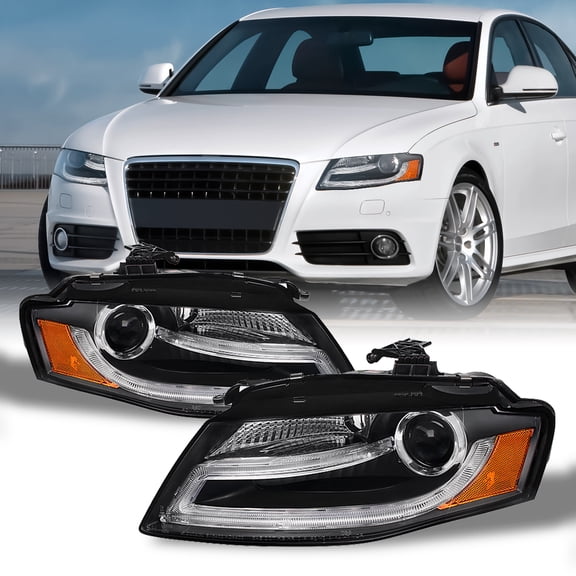 AKKON - For 2009-2012 Audi A4 A4-Quattro Sport Sedan Wagon Black Bezel DRL LED Tube Strip Projector Headlights Lamps Left+Right