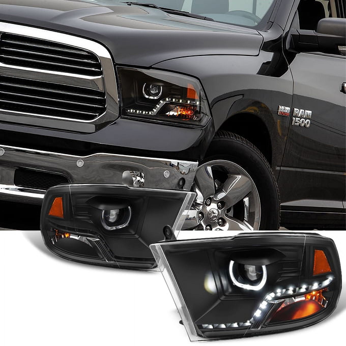 AKKON - For 2009-2018 Dodge Ram 1500 2500 3500 LED Angel Eye Projector Black Pair Headlights Headlamps Housing