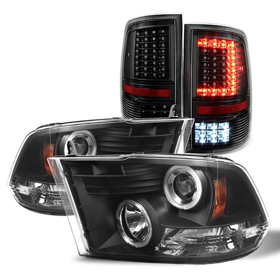 AKKON - For 2009-2018 Dodge Ram Dual LED DRL Projector Headlights + LED Tail Lights [Black]