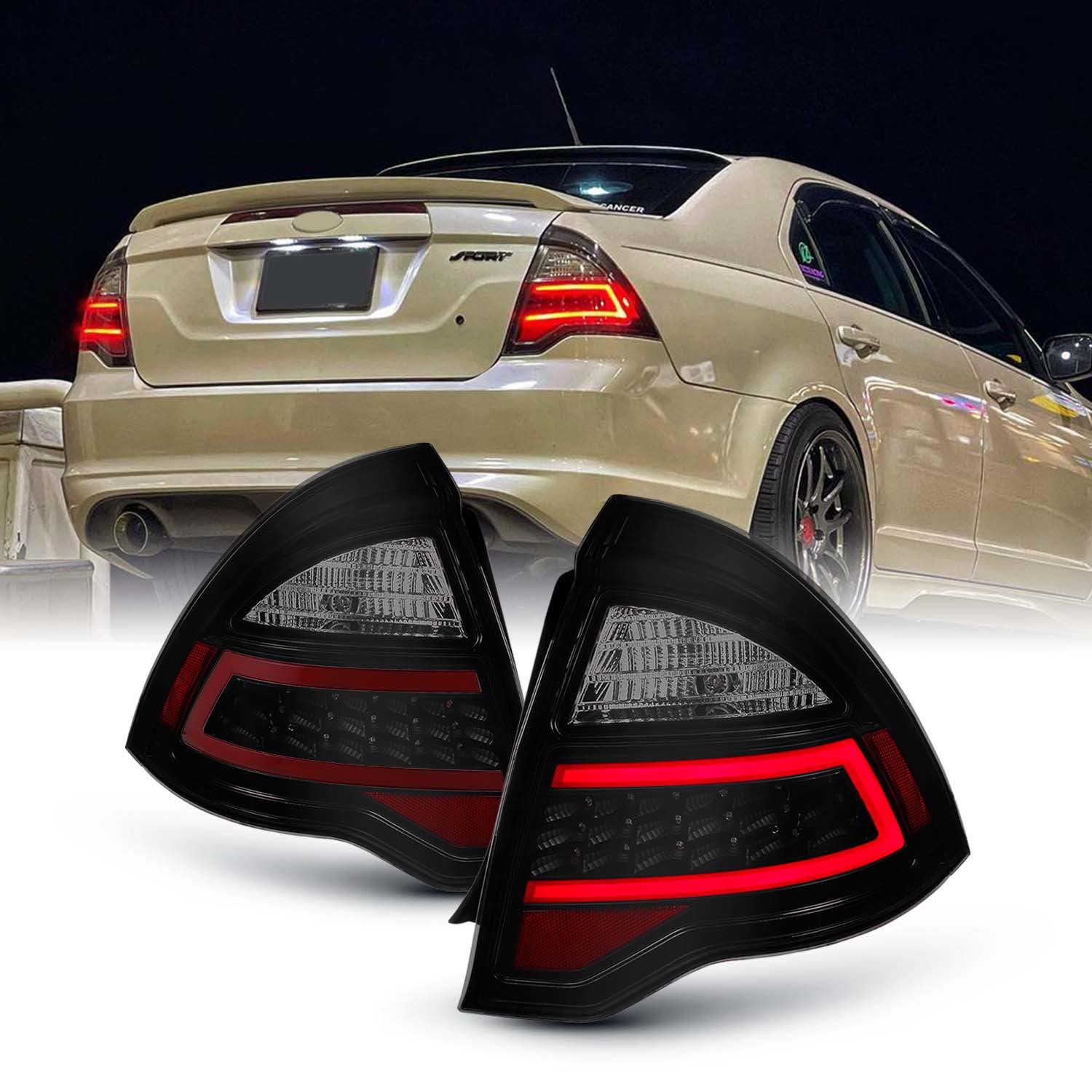 AKKON - For 2010-12 Ford Fusion Full LED Daytime Running Lamp Bar Tail Lights Black Housing Smoked Lens Set