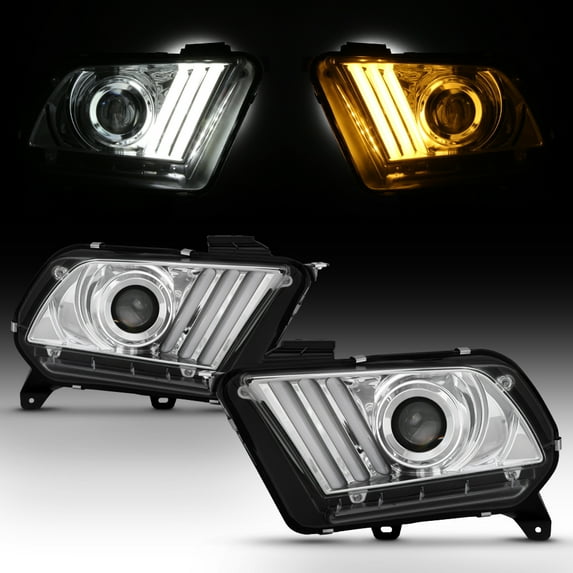 AKKON - For 2010-2014 Ford Mustang LED Tube Daytime Running Lamp w/Sequential Turn Signals Projector Headlights Chrome Housing