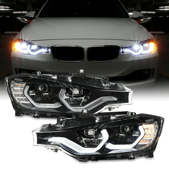 AKKON - For 2012 2013 2014 2015 BMW F30 3-Series Sedan [FULL LED] Halogen-Type Projector Black Headlights Pair Replacement LH+RH