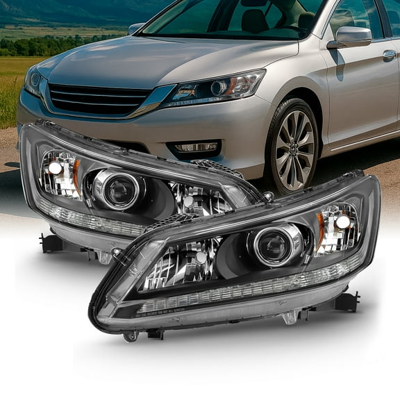 AKKON - For 2013-2015 Honda Accord Sedan Halogen Model Black Headlights Driver + Passenger Side Pair